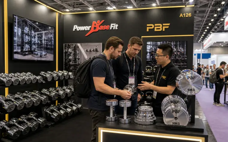 PowerBaseFit team discussing chrome dumbbells with international buyers at a fitness equipment exhibition