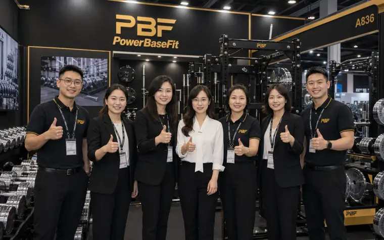 PowerBaseFit export sales team at an international fitness equipment exhibition