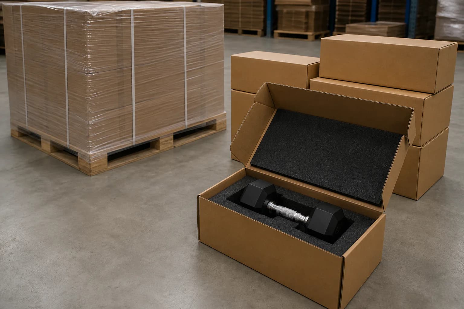 Dumbbell protected in a blank private label carton with export pallet