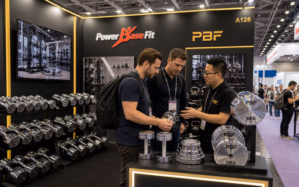 PowerBaseFit exhibition booth and overseas buyers reviewing free weight products