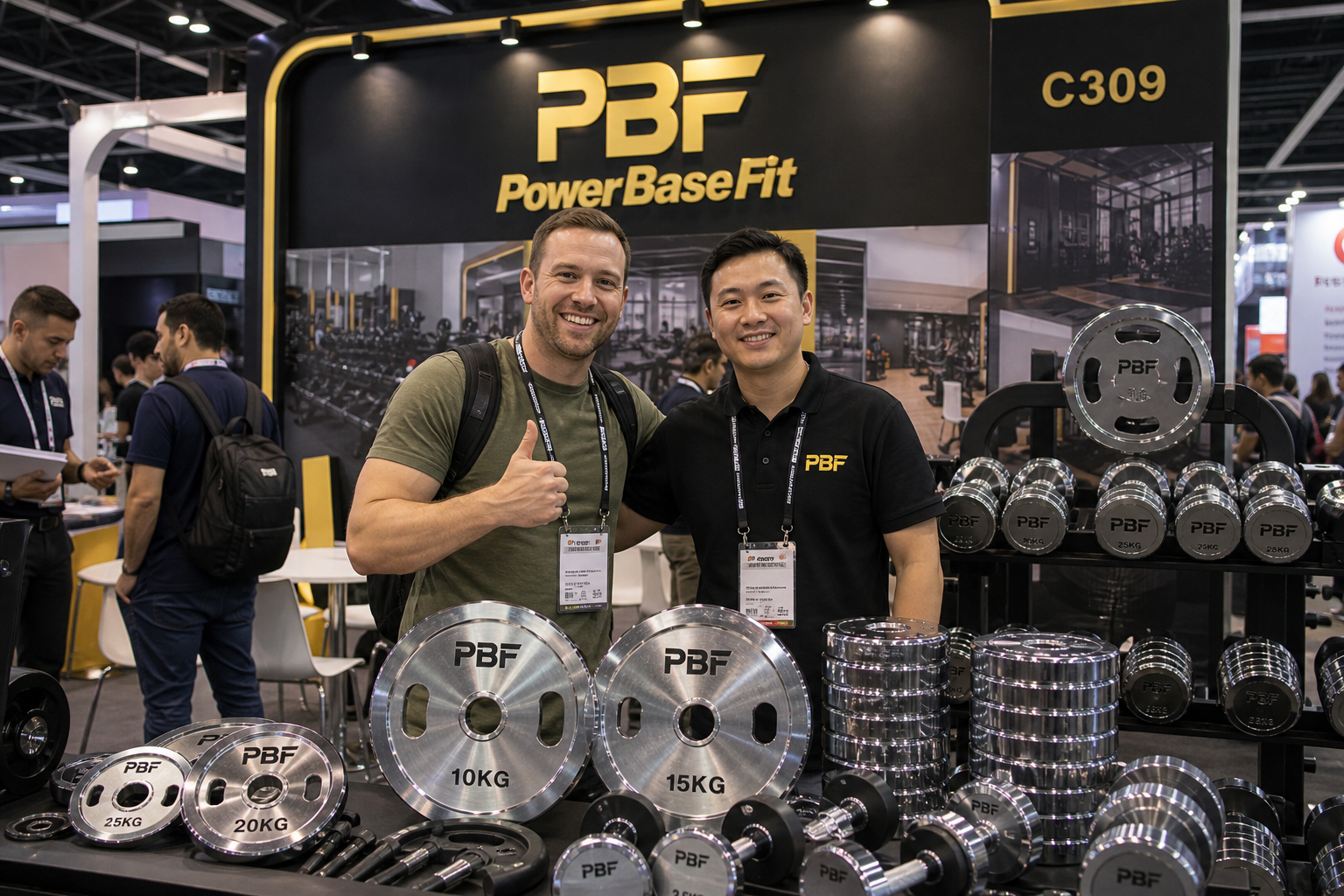 PowerBaseFit exhibition booth and overseas buyers reviewing free weight products