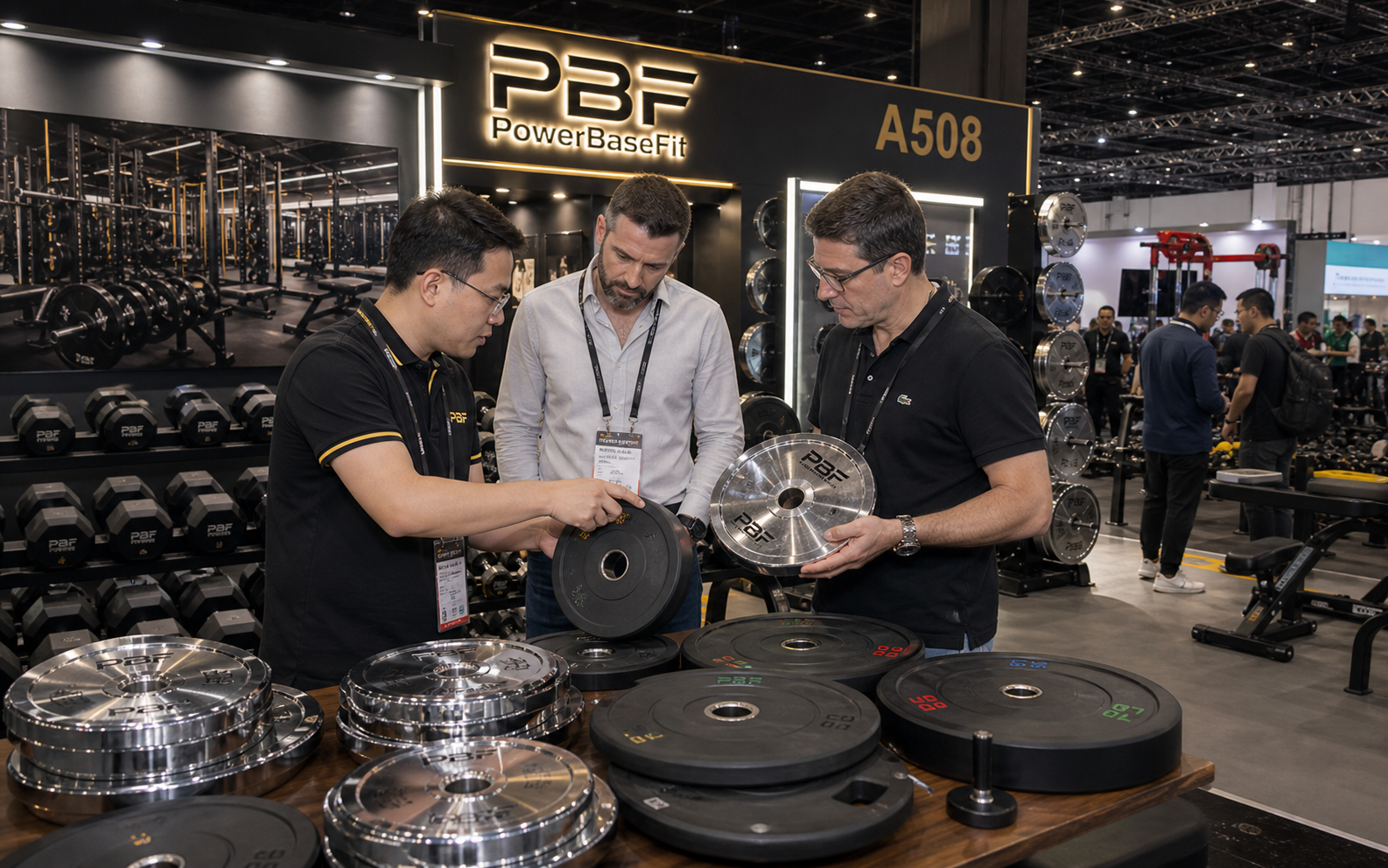 PowerBaseFit exhibition booth and overseas buyers reviewing free weight products