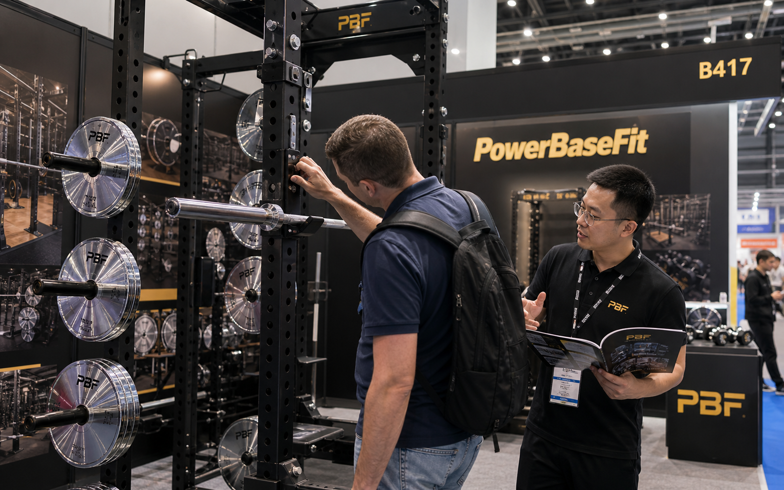 PowerBaseFit exhibition booth and overseas buyers reviewing free weight products