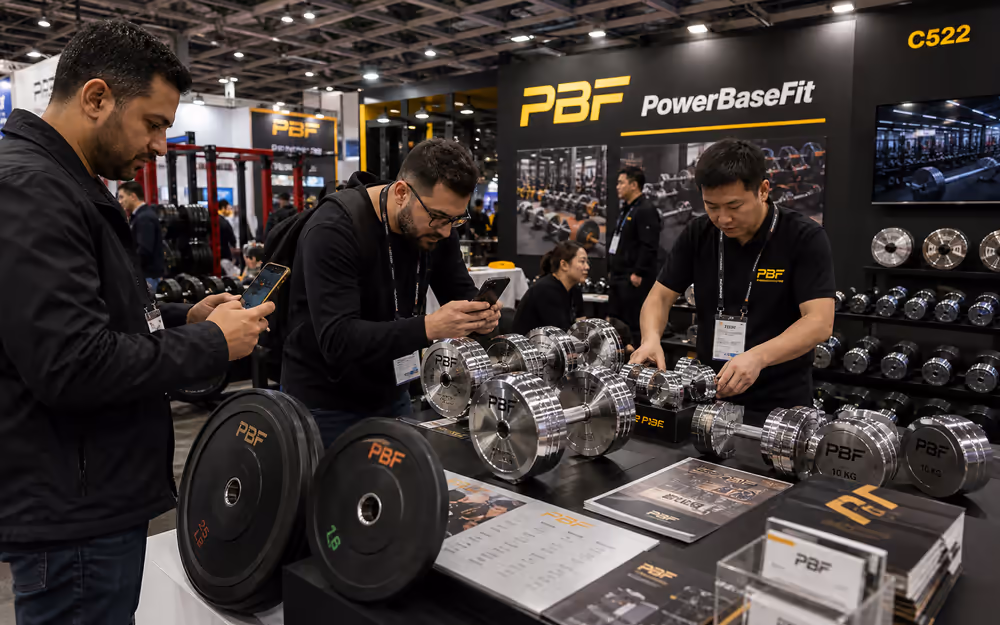PowerBaseFit exhibition booth and overseas buyers reviewing free weight products