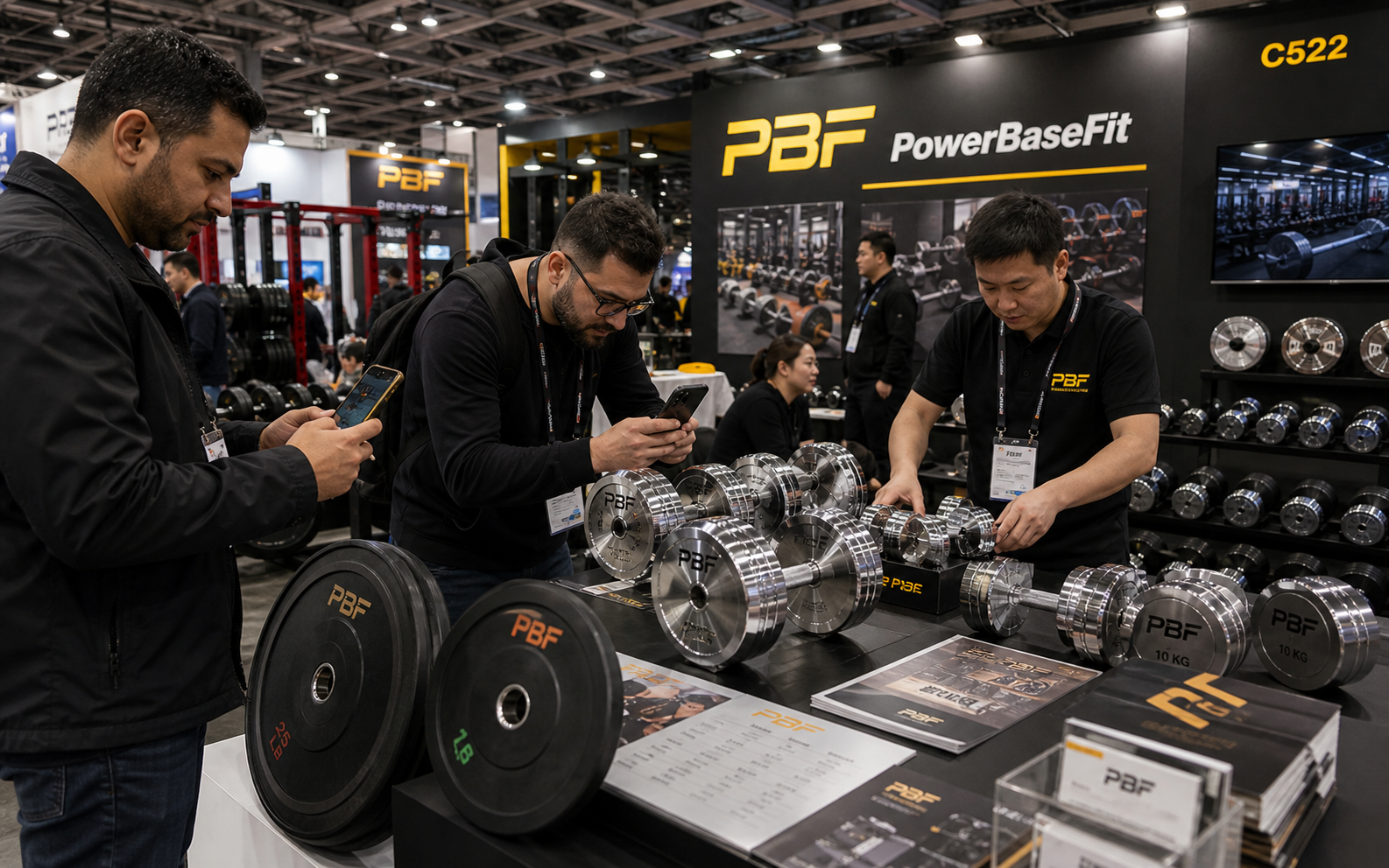 PowerBaseFit exhibition booth and overseas buyers reviewing free weight products