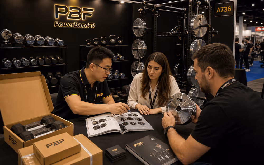 PowerBaseFit exhibition booth and overseas buyers reviewing free weight products