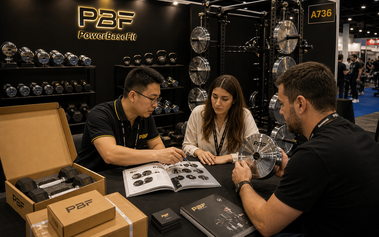 PowerBaseFit exhibition booth and overseas buyers reviewing free weight products