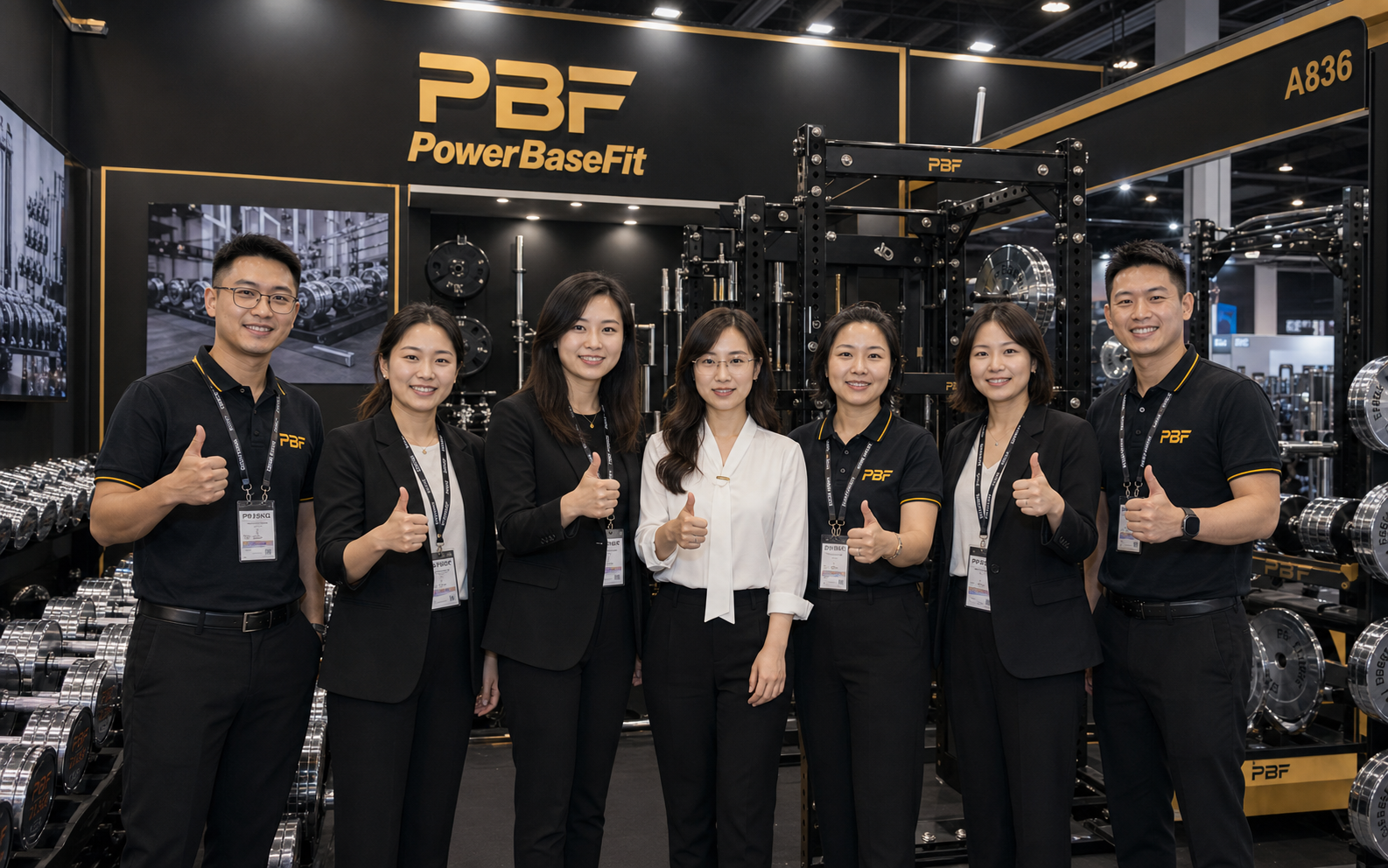 PowerBaseFit exhibition booth and overseas buyers reviewing free weight products