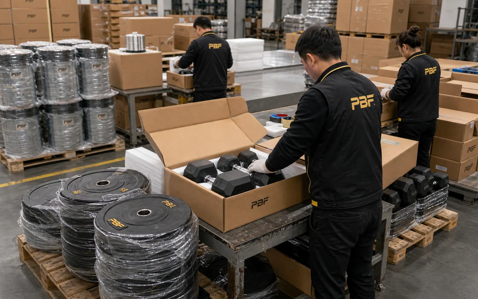 Export packaging area for dumbbells and weight plates