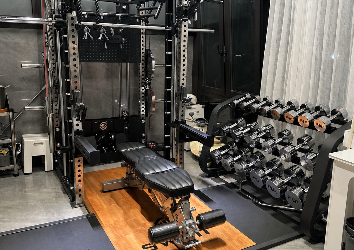 Private home gym rack system with rack bench dumbbells and storage