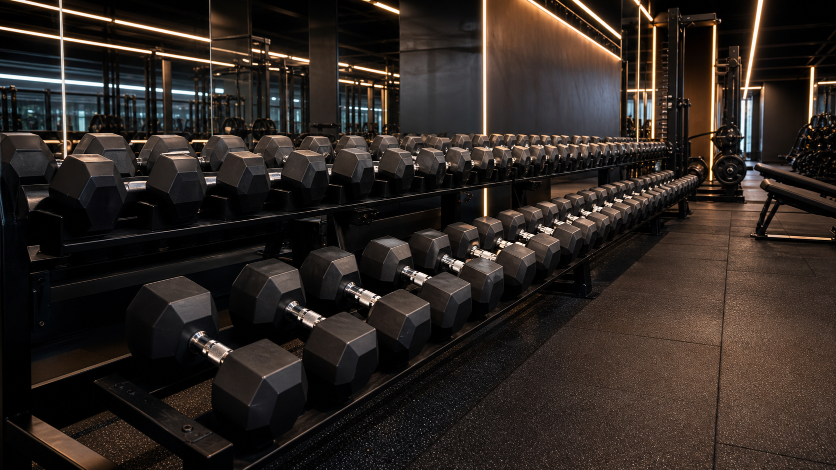 Commercial gym dumbbell area with rows of free weights