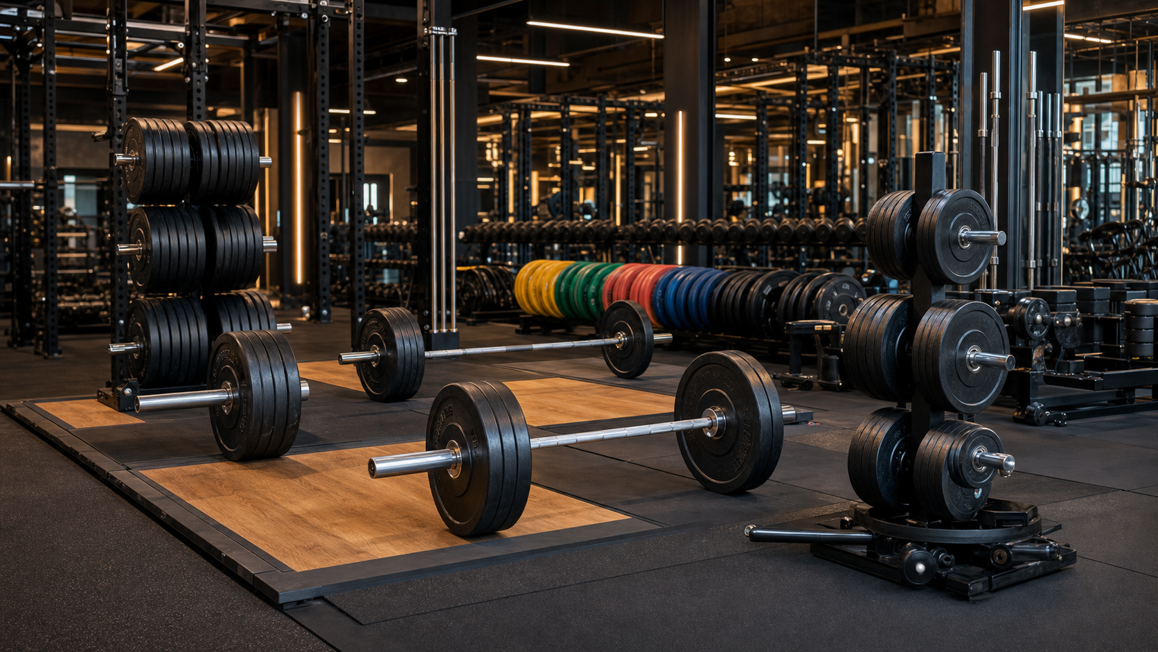 Commercial weight plate and barbell training area