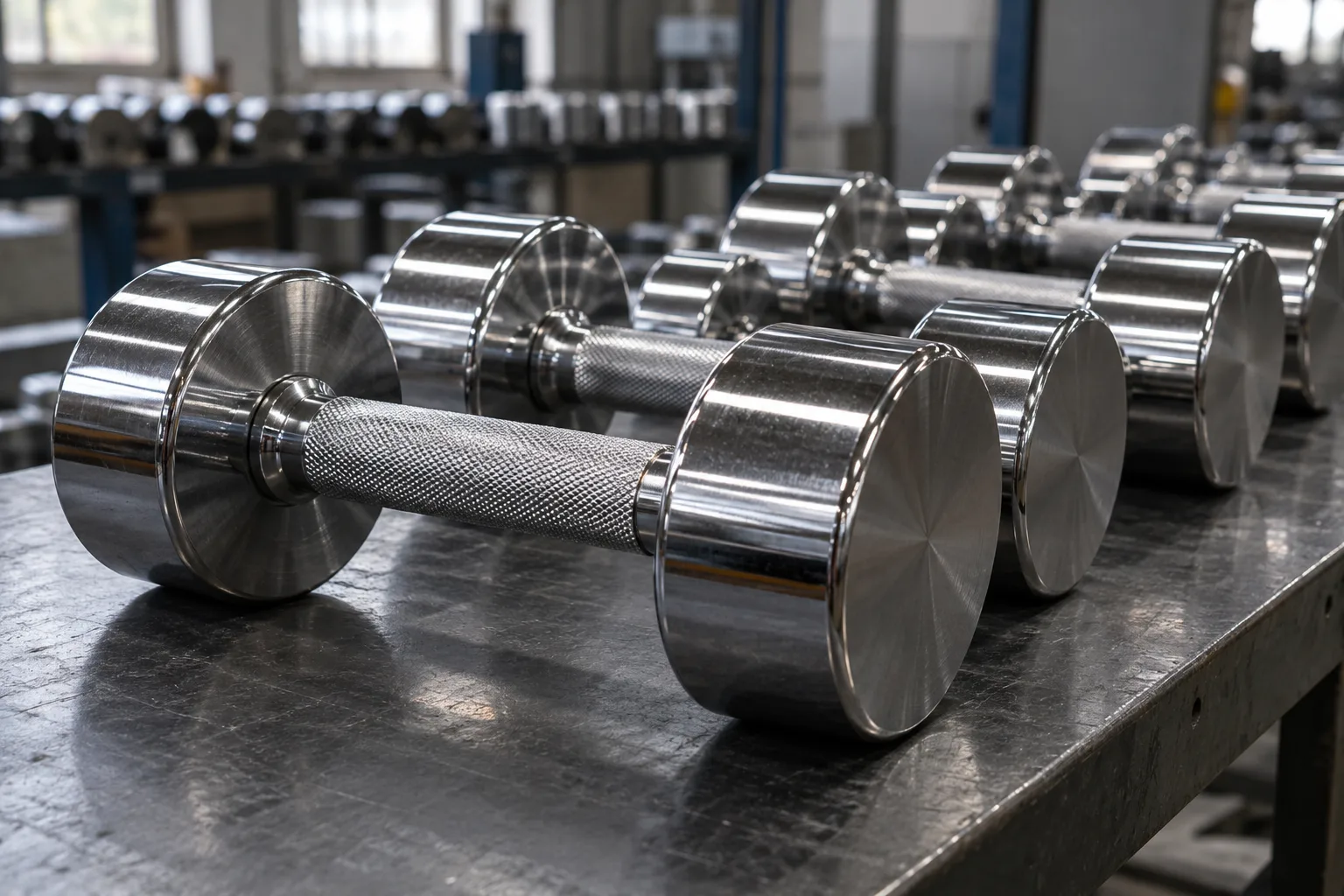 Commercial chrome dumbbells with polished heads and knurled handles for wholesale supply