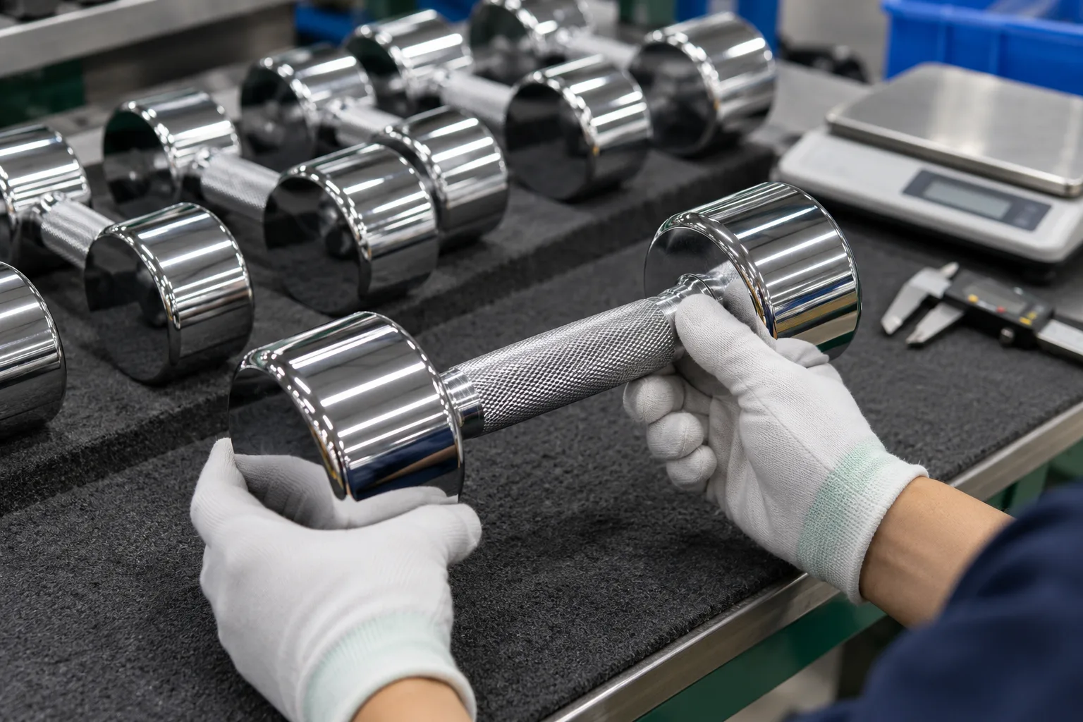 Quality inspection of chrome dumbbell surface and knurled handle before packing