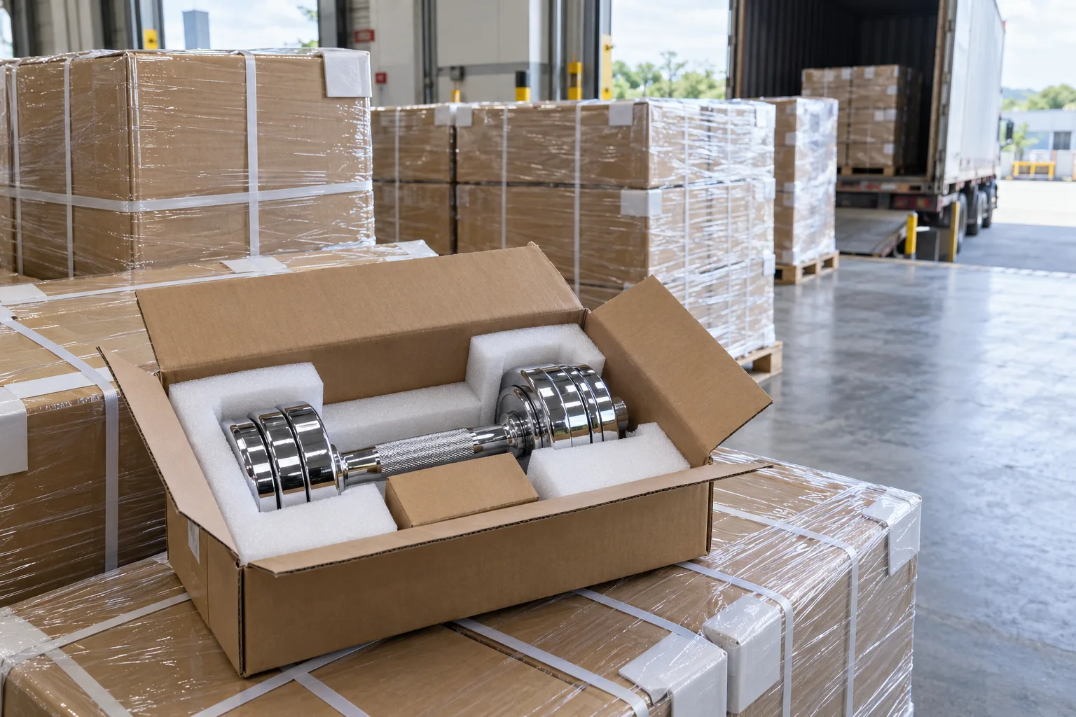 Protective carton and pallet packaging for direct customer delivery of chrome dumbbells