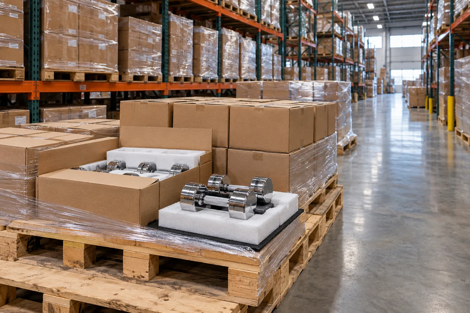 Chrome dumbbells and palletized cartons organized for distributor warehouse stock