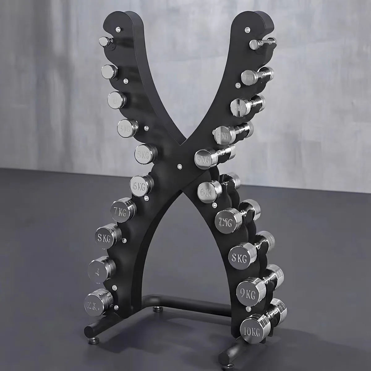 Paired 1–10 kg chrome dumbbells stored on a black X-frame rack
