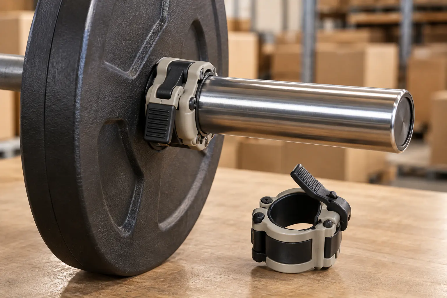 أقفال ذراع بلا علامة خلف أقراص على بار أولمبي