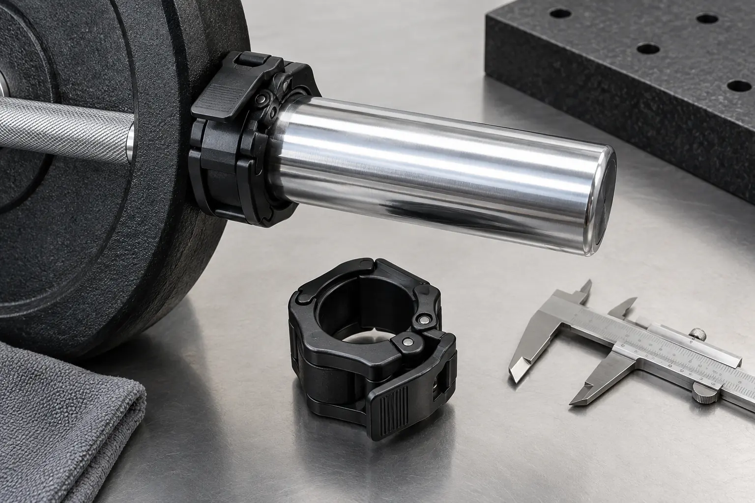 Spring-coil and lever-clamp barbell collars arranged for construction comparison