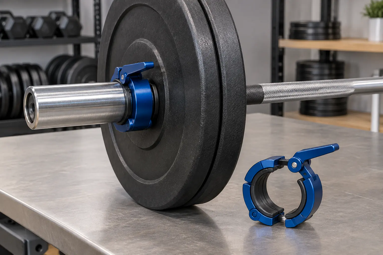 Inspector checking paired barbell collars and a sleeve with measuring tools