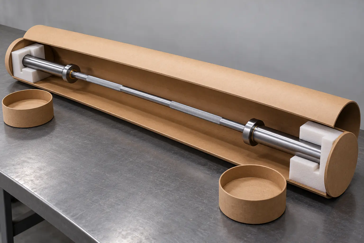 Olympic barbell aligned inside an open reinforced export tube with separate end blocks on an inspection bench