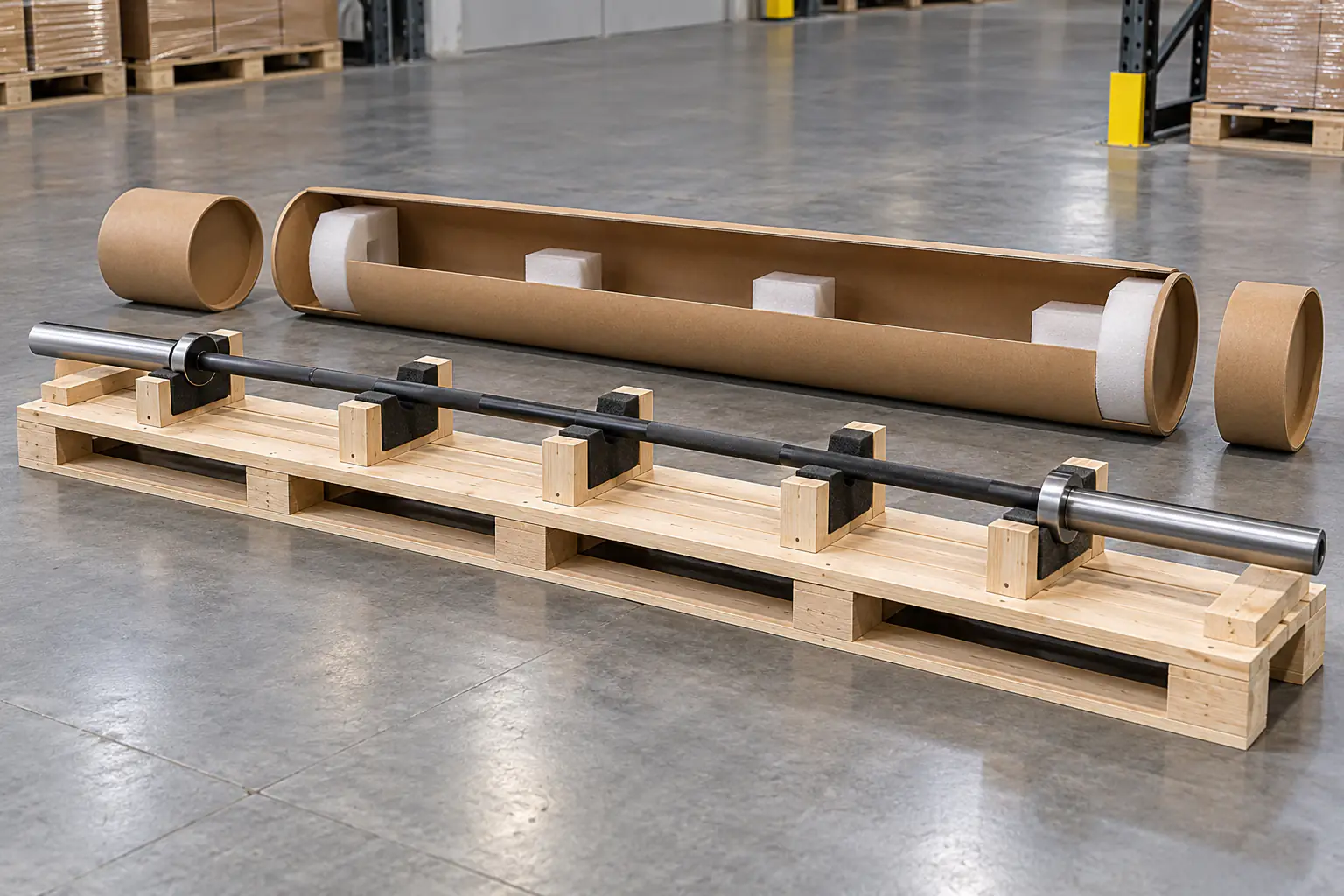 Barra olímpica dentro de un tubo reforzado abierto con protecciones de extremo sobre una mesa de inspección