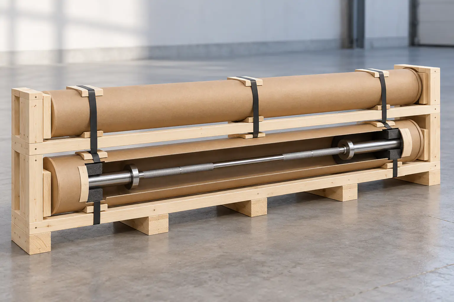 Barre olympique droite dans un tube export renforcé ouvert avec cales d’extrémité sur table de contrôle