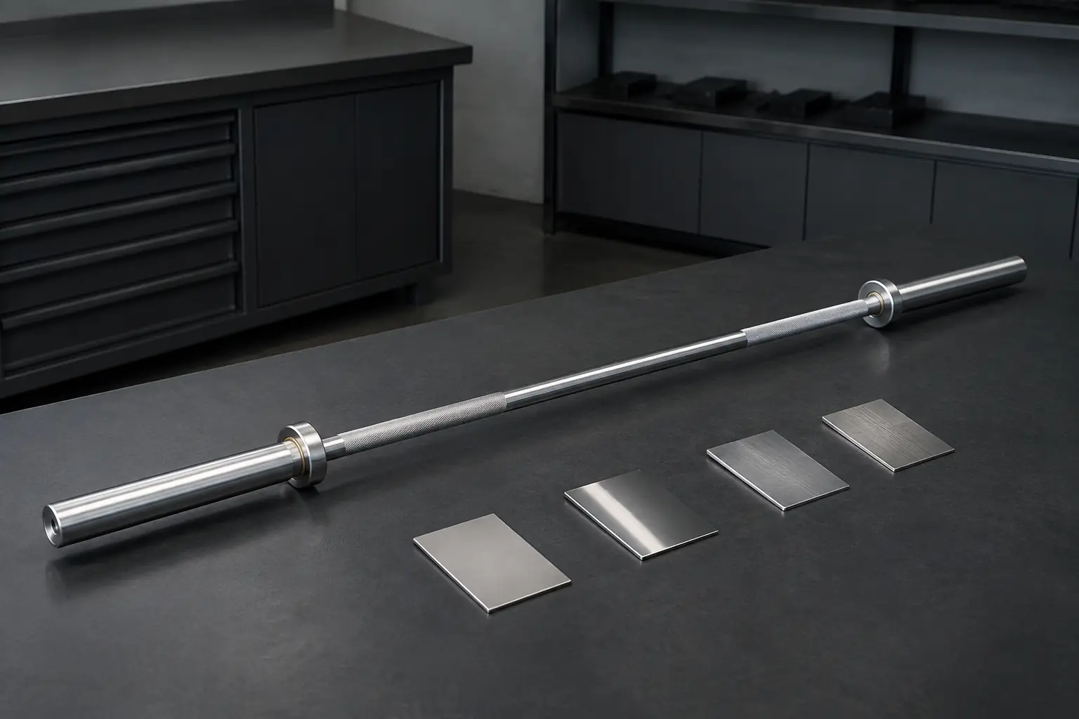 Olympic barbell in a humid-market gym inspection setting