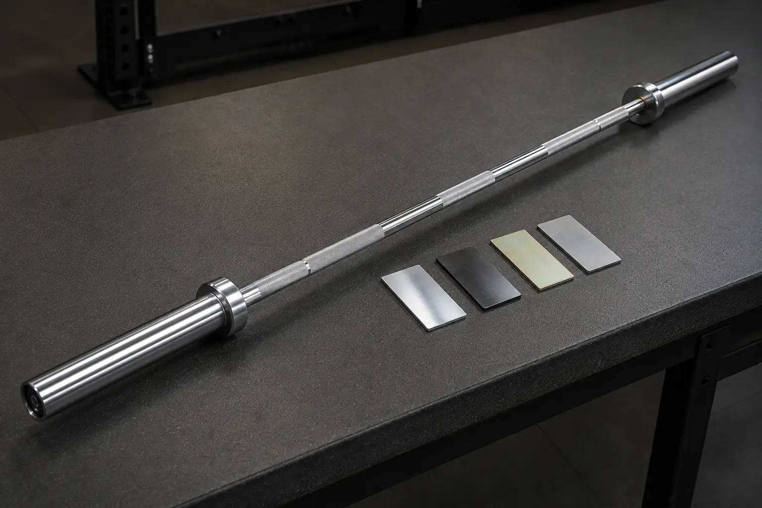Unbranded Olympic barbell with separate metal finish samples