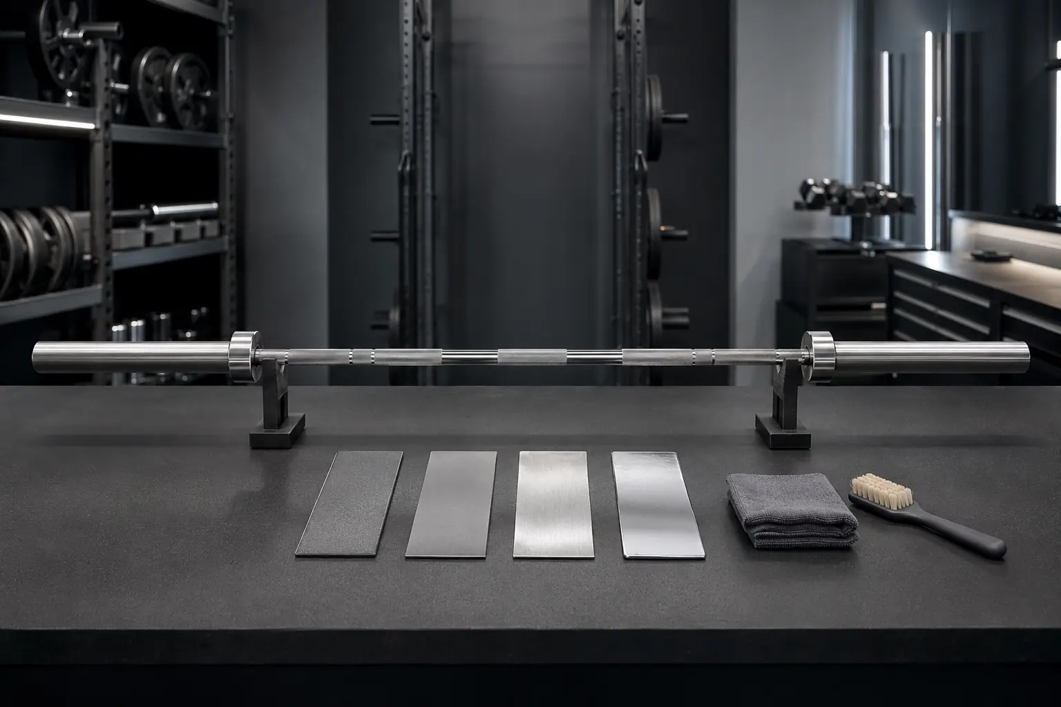 Olympic barbell and finish coupons on a quality-control bench