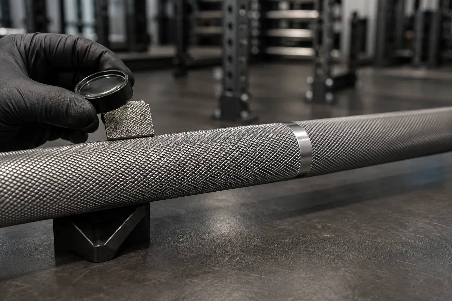Unbranded Olympic barbell shaft with uniform diamond knurling under visual inspection