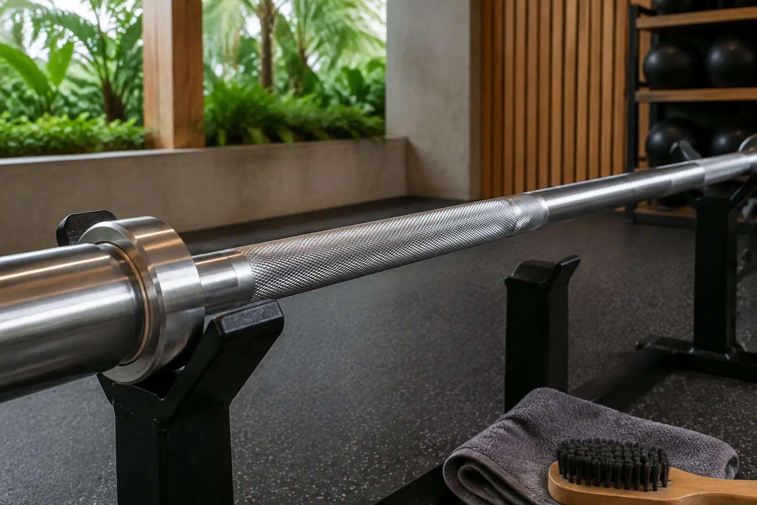 Shaft barbel Olimpiade tanpa merek dengan knurling seragam saat diperiksa