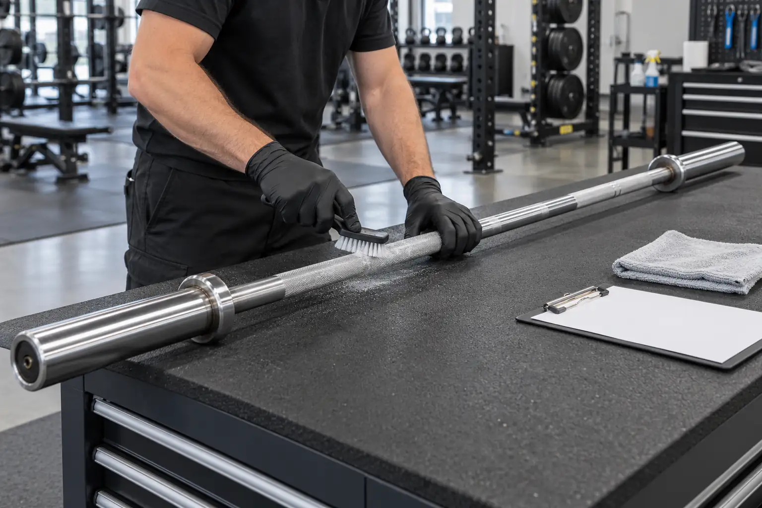 Technician brushing chalk from an unbranded Olympic barbell on a padded commercial gym service bench