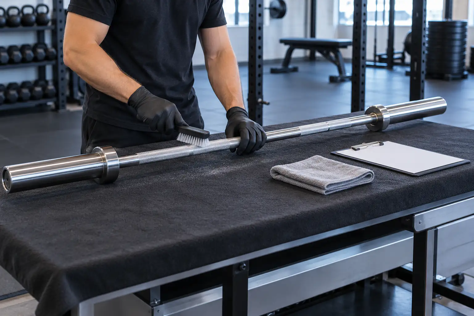 Technicien brossant à sec une barre olympique sans marque sur une table protégée de salle professionnelle