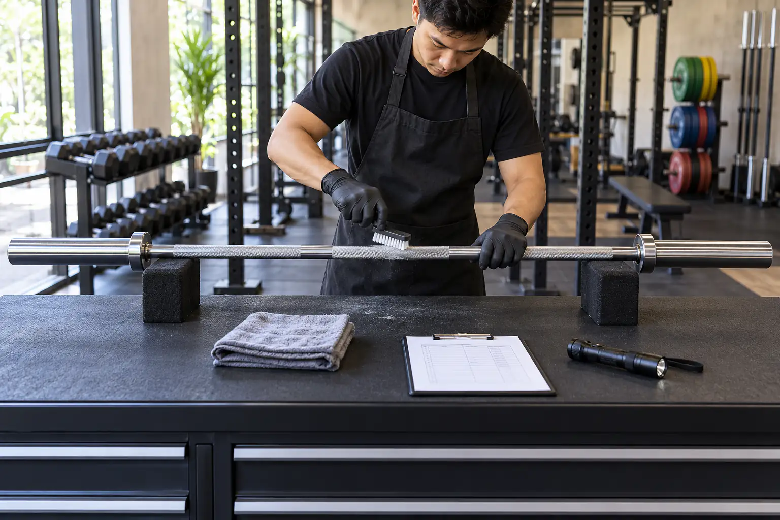 Teknisi menyikat kapur dari barbel Olimpiade tanpa merek pada penyangga empuk di gym komersial