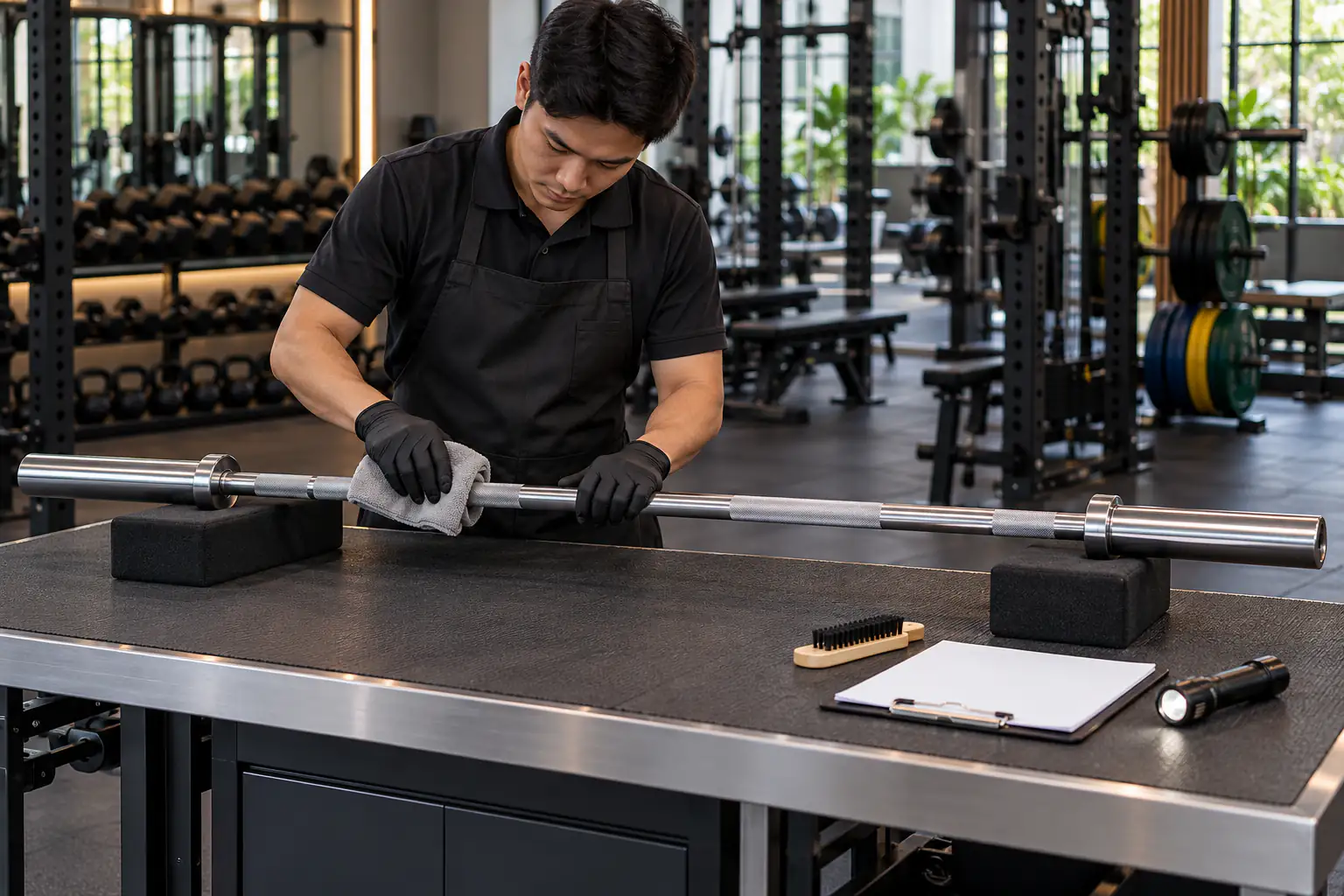Kỹ thuật viên lau khô đòn tạ Olympic không thương hiệu trên gối đỡ tại phòng gym thương mại
