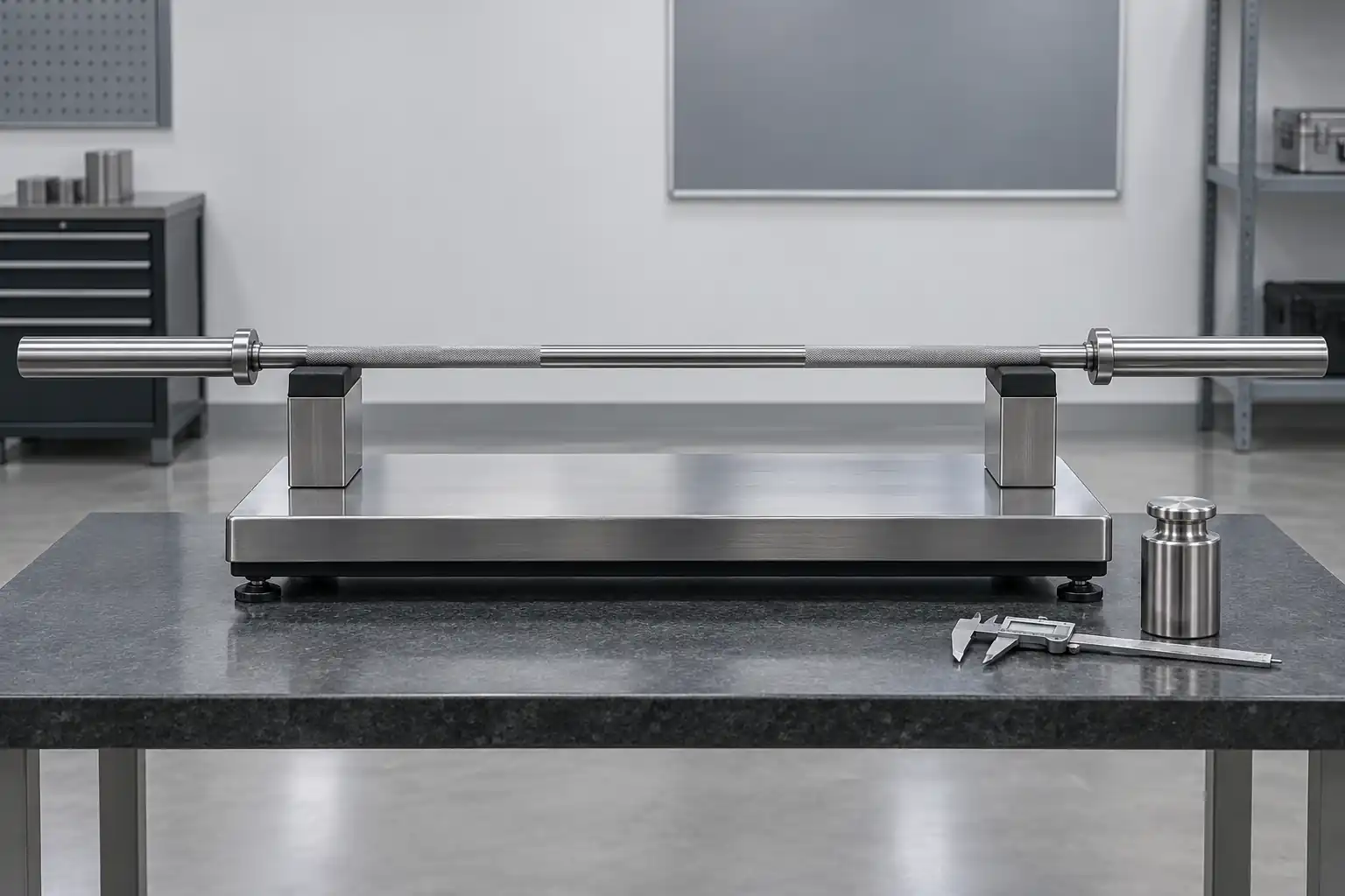 Complete unbranded barbell on tared supports over a single weighing platform