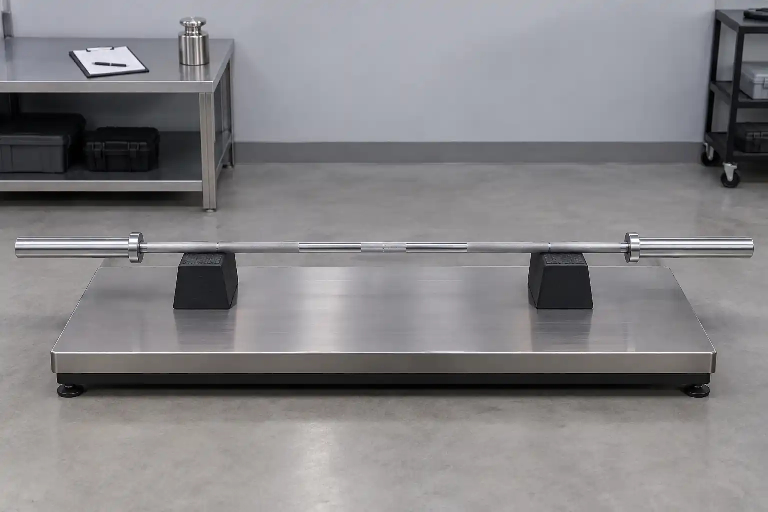 Unbranded Olympic barbell supported above one industrial platform scale for assembled-mass review