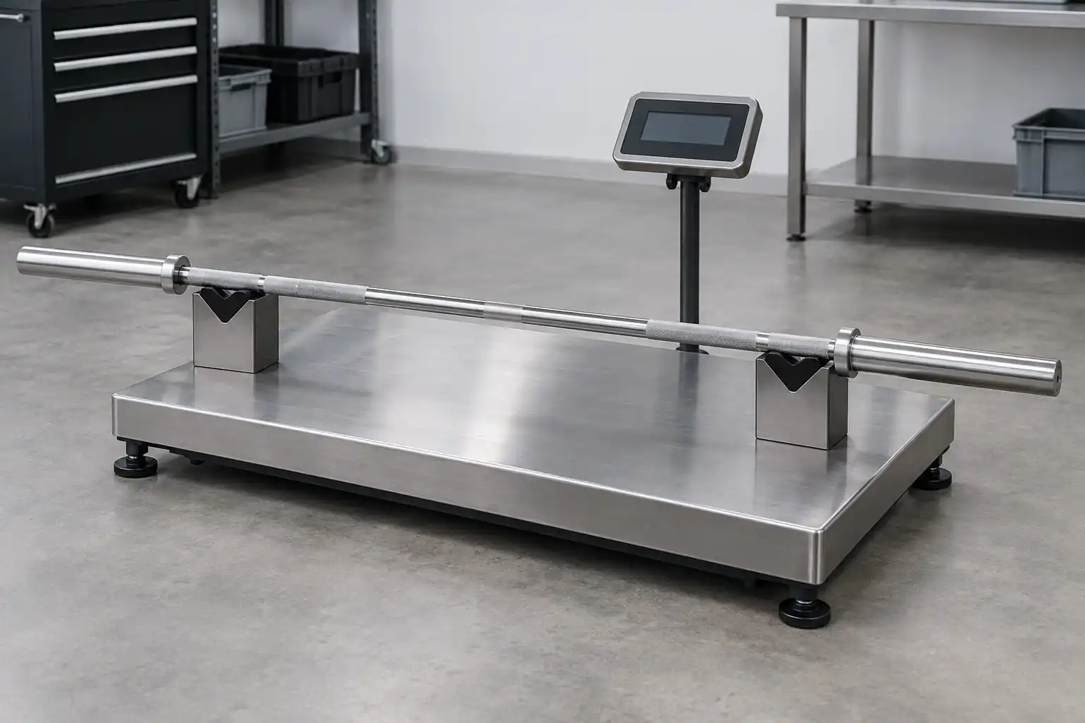 Straight commercial Olympic bar positioned for repeatable whole-bar weighing