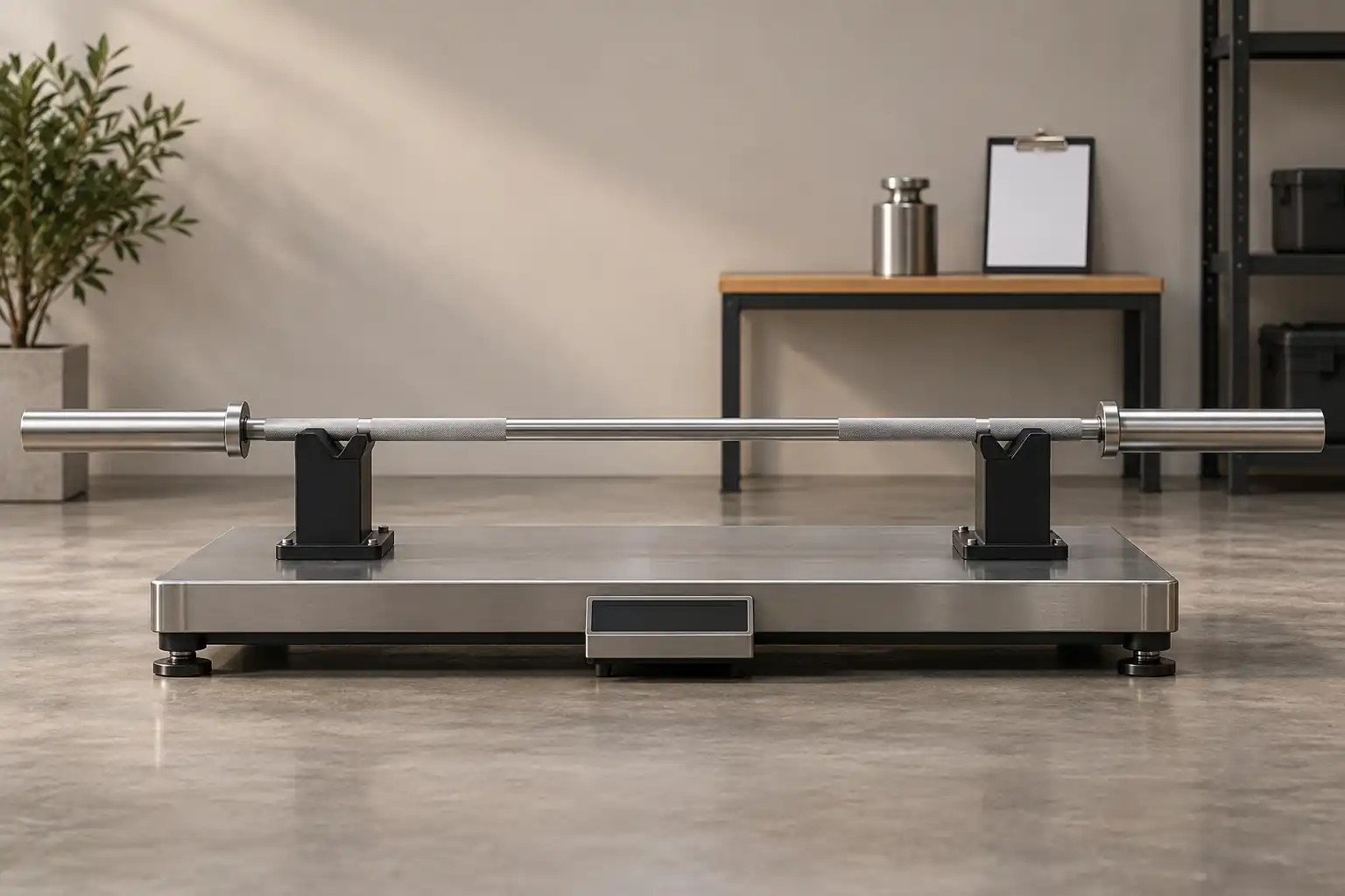 Barre olympique droite positionnée pour une pesée reproductible