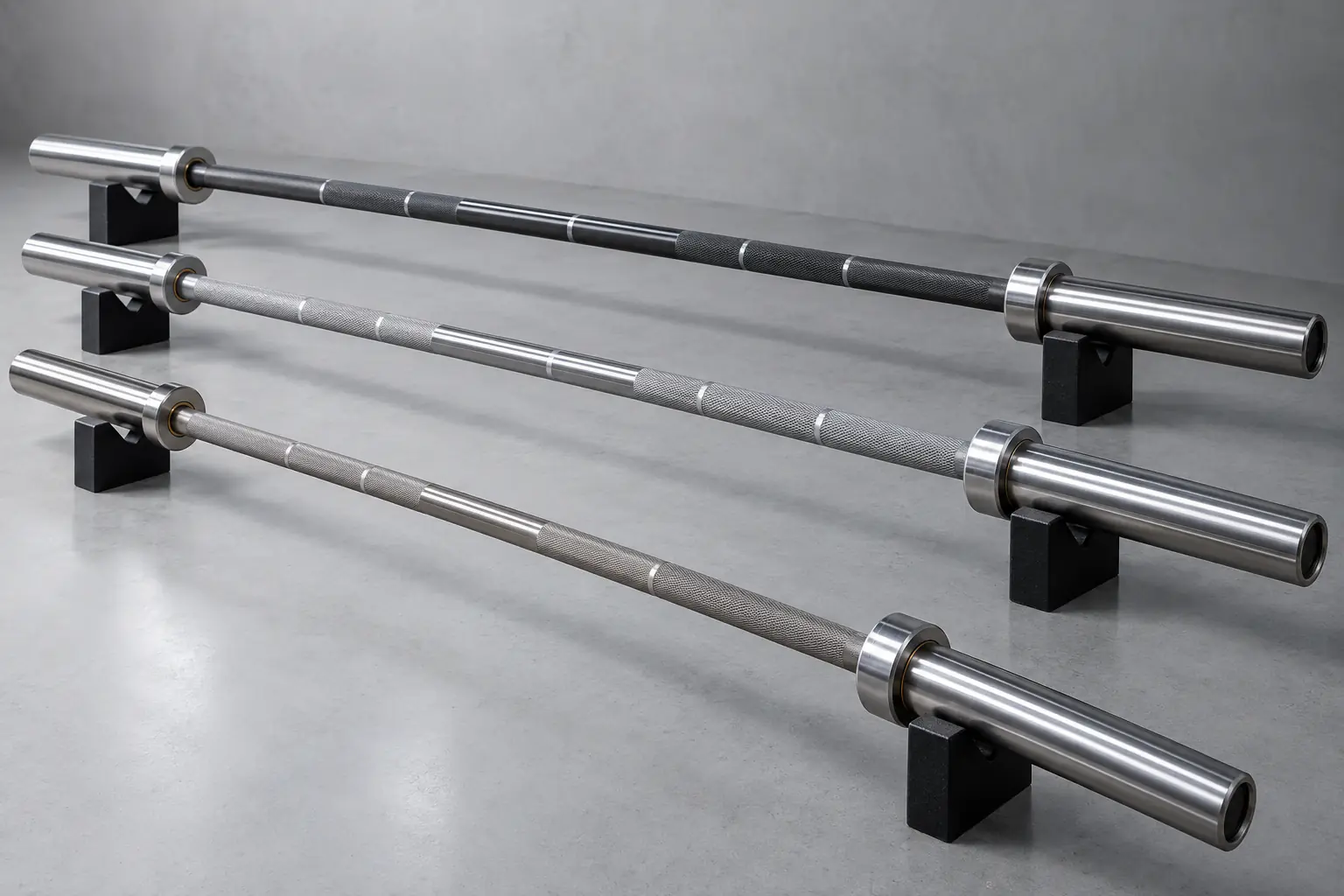 Three unbranded barbell shafts with distinct grip profiles arranged on precision support blocks