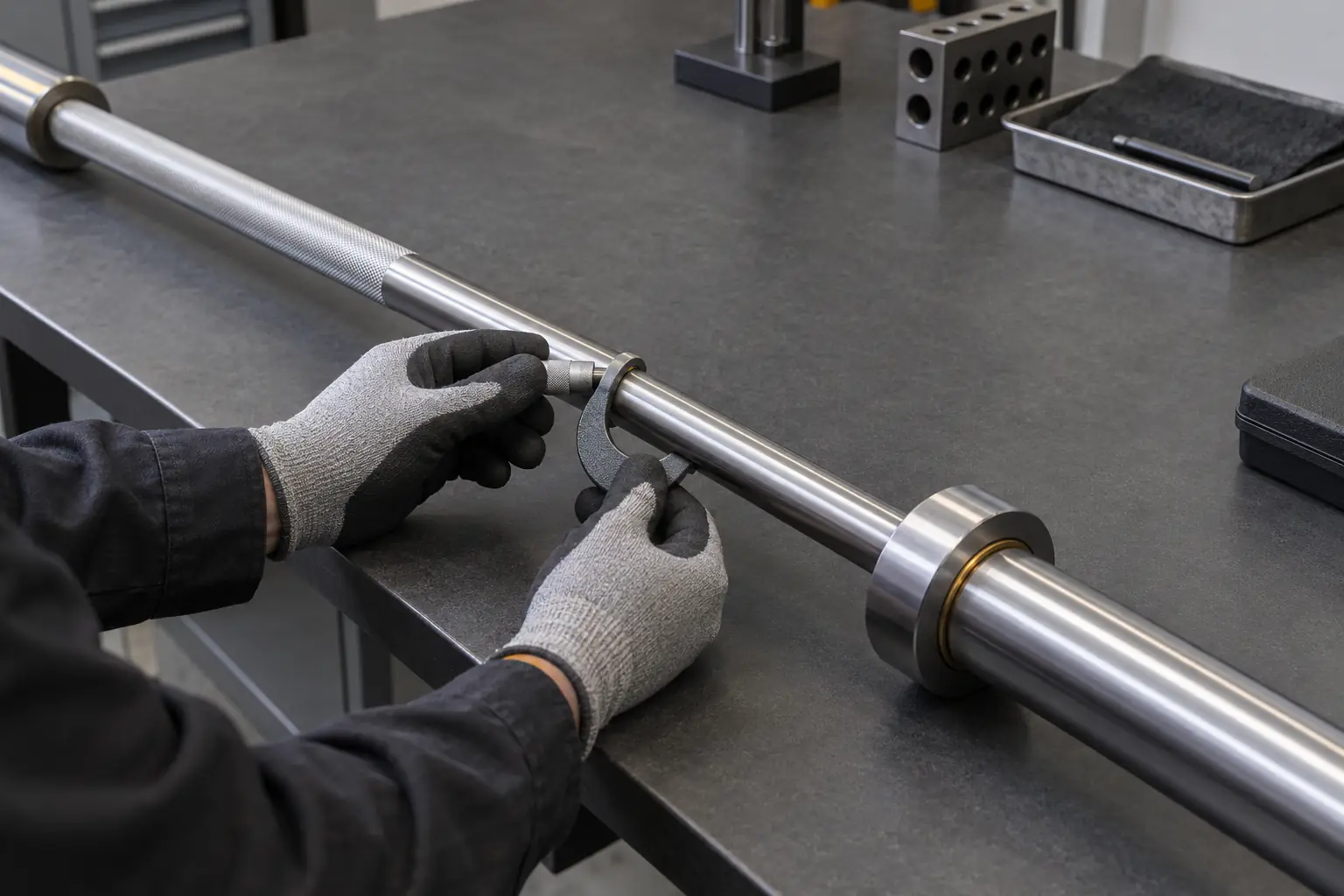 Unbranded Olympic barbell shaft on a clean inspection bench with a micrometer positioned at a smooth reference zone