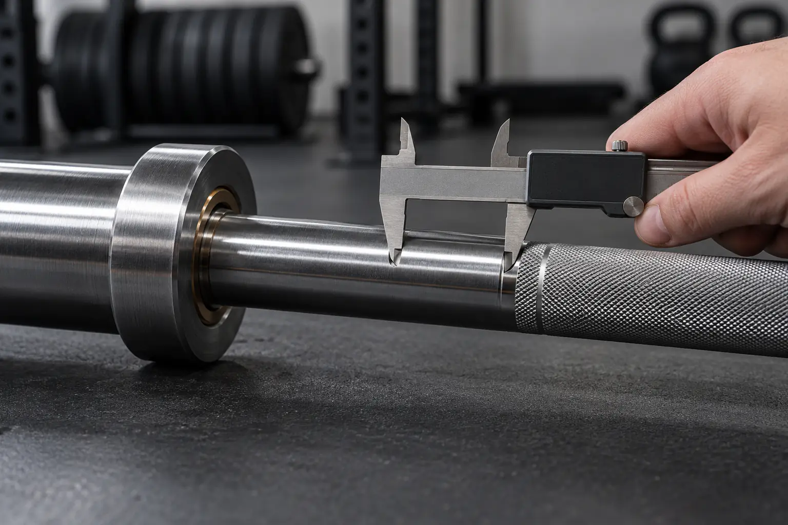 Close view of an unbranded barbell knurl transition and smooth measurement zone