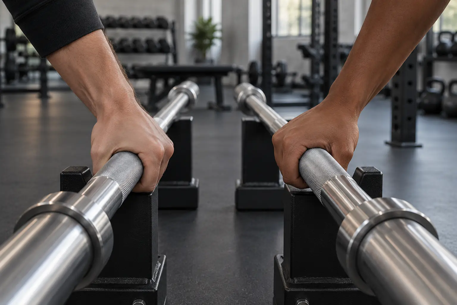 Axe de barre olympique sans marque sur banc avec micromètre placé en zone lisse