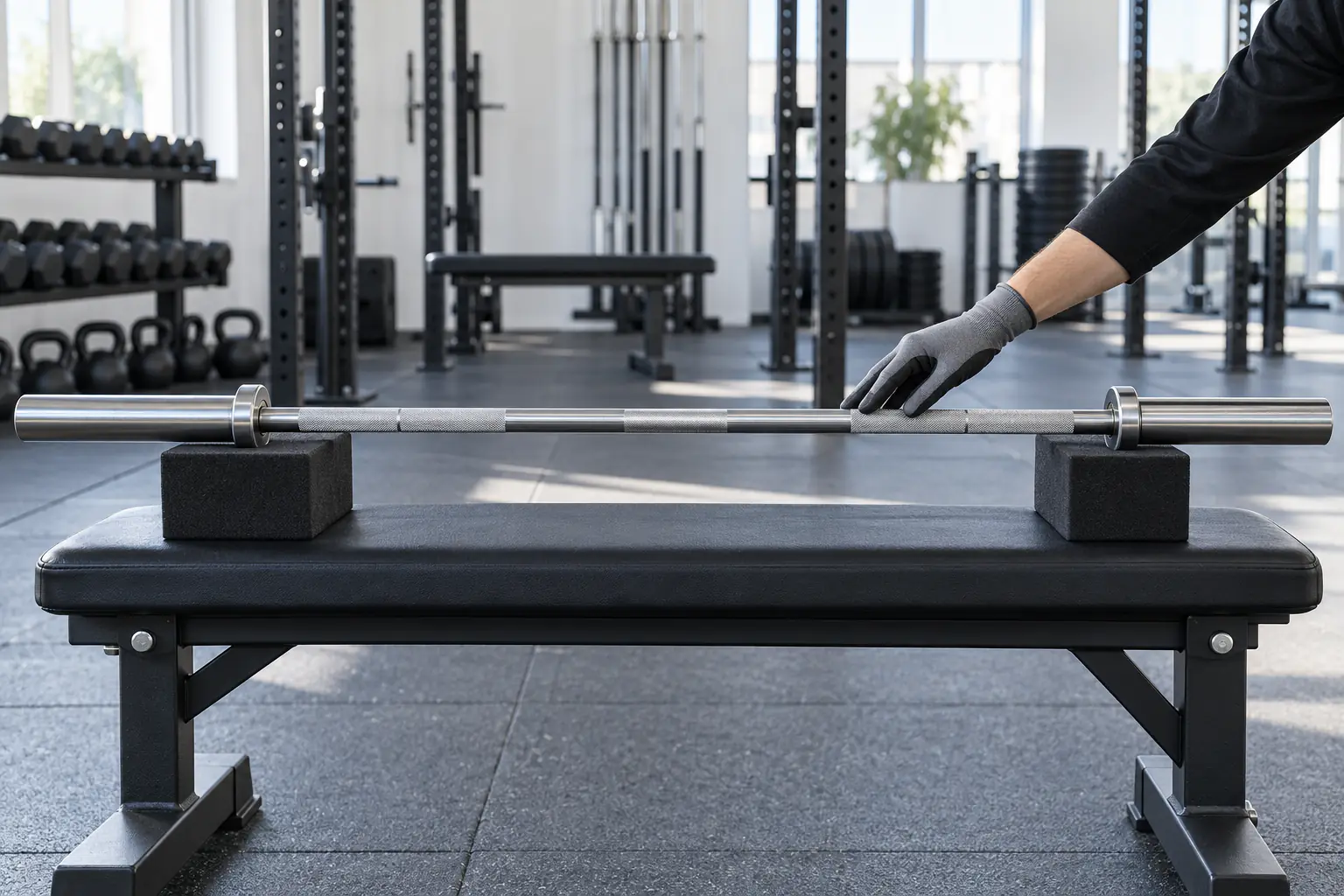 Merkloze olympische halterstangas op een inspectiebank met micrometer in een gladde zone