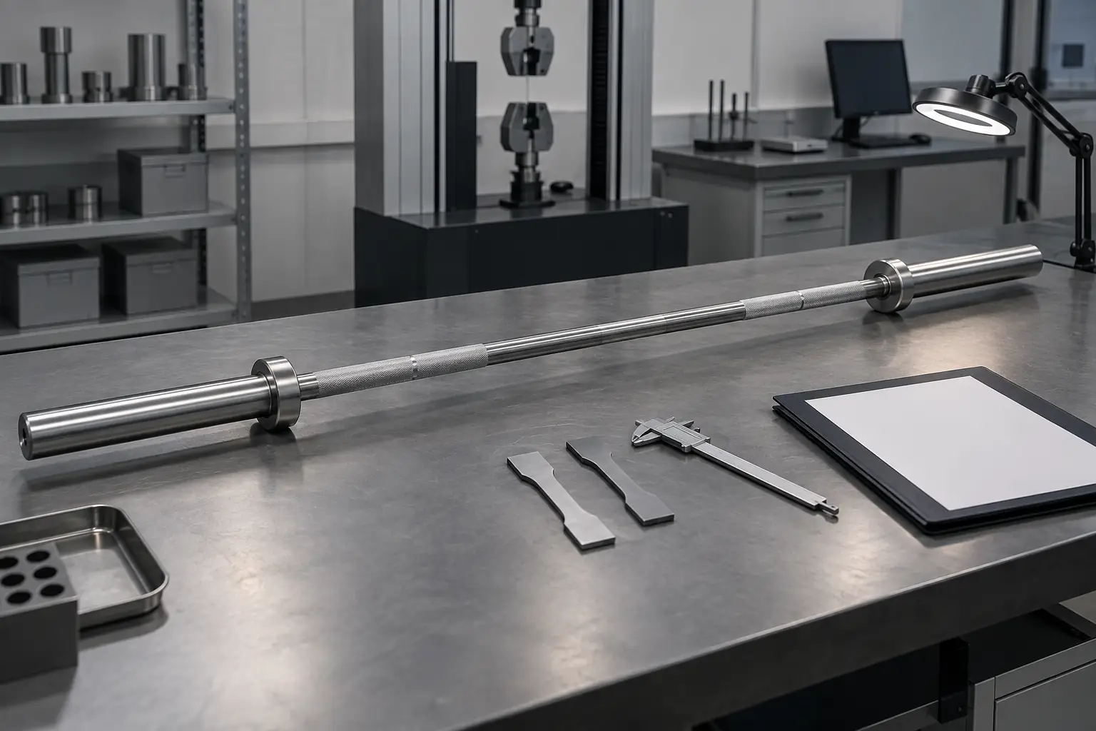 Unbranded Olympic barbell shaft with metal test coupons and blank inspection records