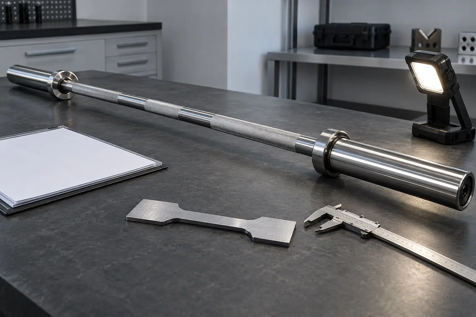 Technician tools arranged beside a barbell shaft for dimensional and material checks