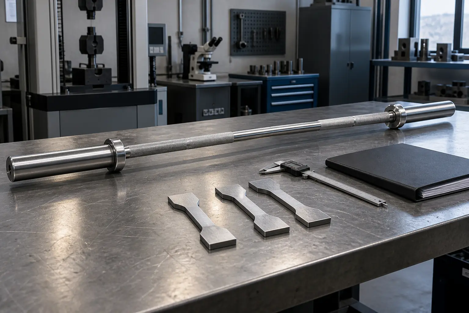 Niemarkowany trzon gryfu z metalowymi próbkami i dokumentami kontroli