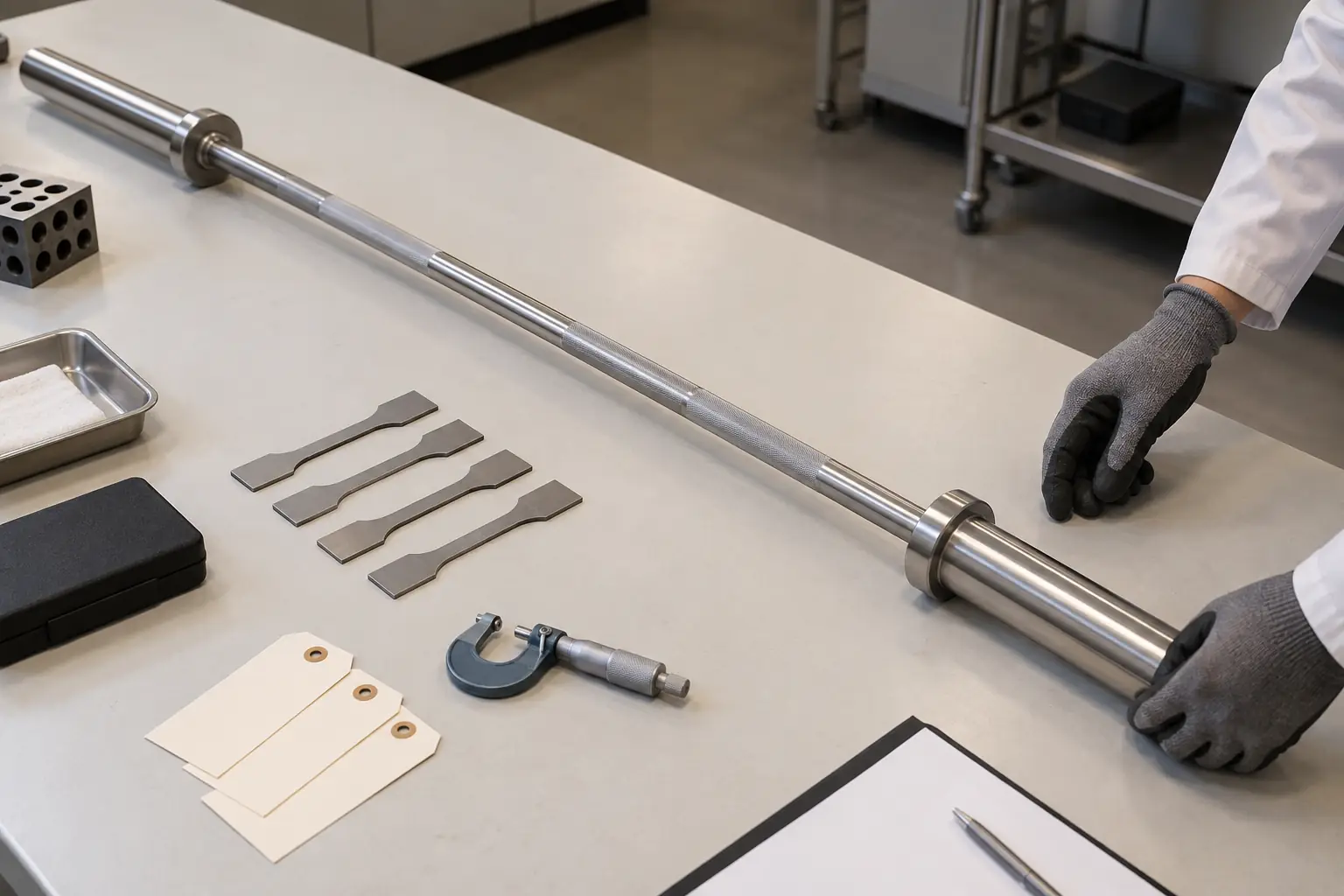 Instruments de mesure disposés auprès de la tige d’une barre olympique