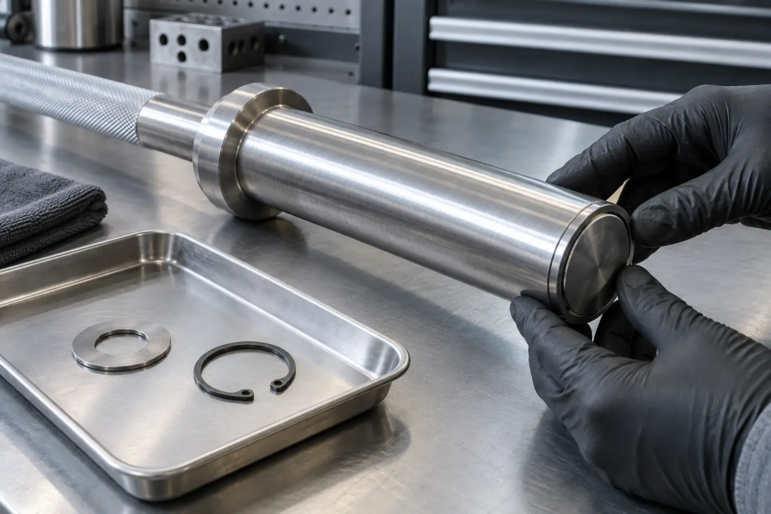 Unbranded barbell sleeve beside model-specific reference hardware